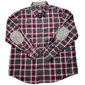Tasso Elba Mens XL 17-17.5 Cotton Button Up Shirt Elbow Patches Red Gray Check